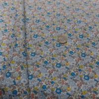 Achat coton popeline blanche imprime style liberty fleurs bleu jaune taupe
