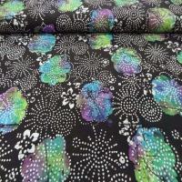 Batik noir motif fleurs rose mauve bleu vert
