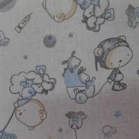 tissu coton blanc imprime enfant ton bleu et gris