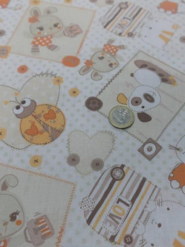 Coton blanc imprime enfant ton orange motifs coccinelle chat chien