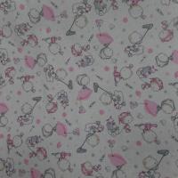 tissu coton blanc imprime enfant ton rose et gris