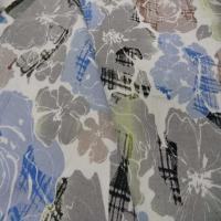 Coton blanc imprime fleurs bleu taupe et gris0