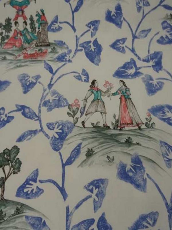 Coton d ameublement imprime toile de jouy ecrue bleu rouge