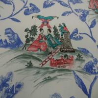 Coton d ameublement imprime toile de jouy ecrue bleu rouge1