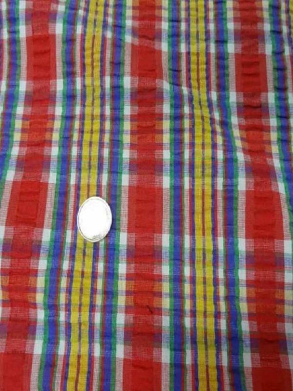 Coton extensible imprime rayure rouge jaune vert bleu