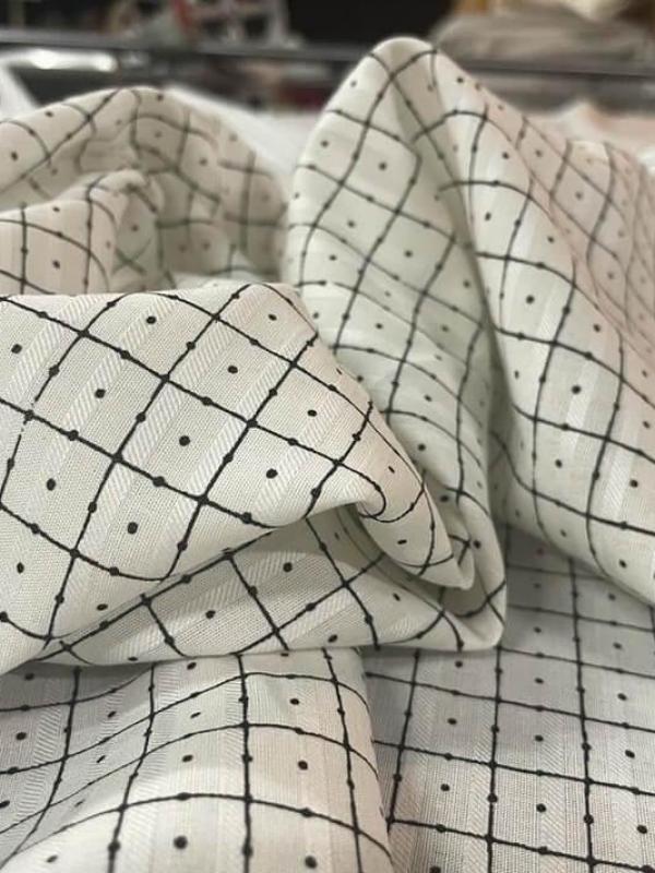 Coton fin blanc faconne rayures imprime carreaux noir0