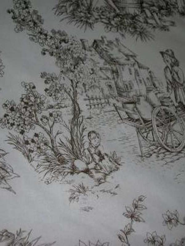 Coton fin blanc imprime toile de jouy marron