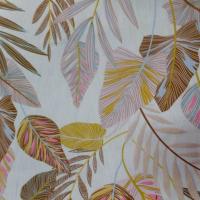 Coton popeline beige imprime feuillages ton marron bleu rose