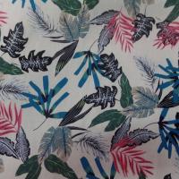 Coton popeline blanche imprimé feuillages ton noir ,vert ,bleu