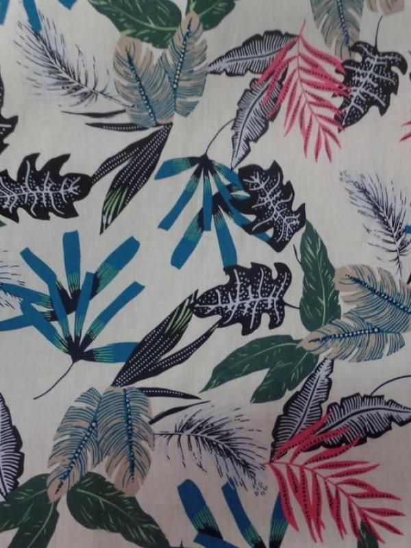 Coton popeline blanche imprime feuillages ton noir vert bleu