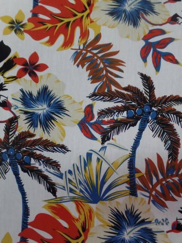 Coton popeline blanche imprime hawaien ton beige noir rouge bleu marron