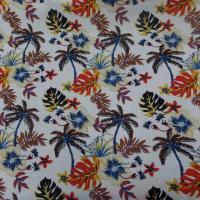 Coton popeline blanche imprime Hawaiian ton beige noir rouge bleu marron