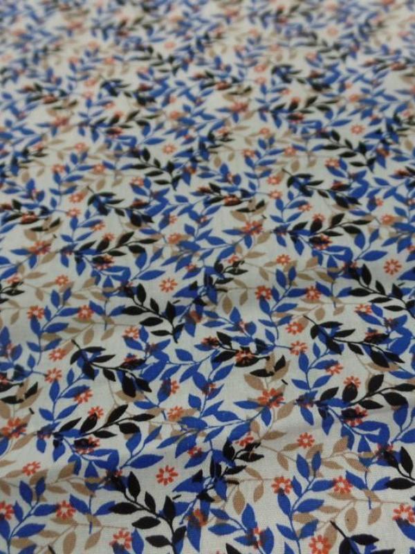 Coton popeline blanche imprimé liberty fleurs bleu et noir