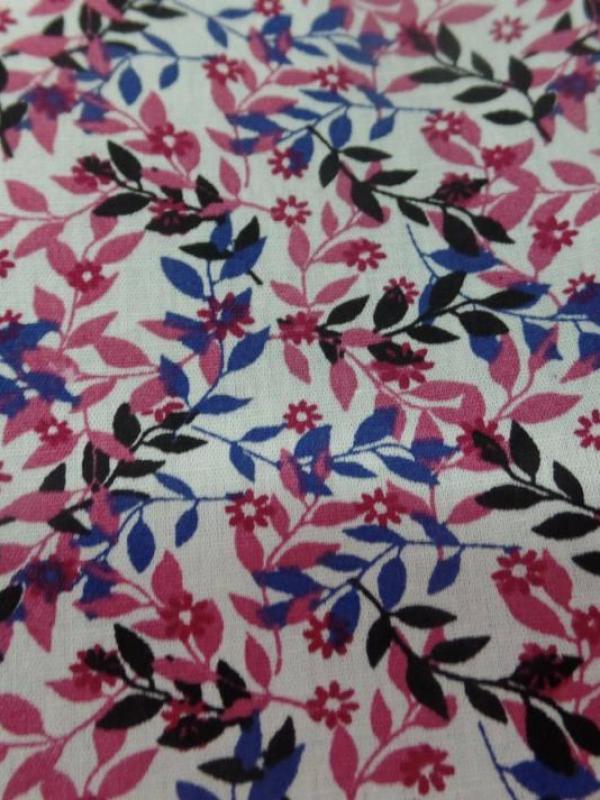 Coton popeline blanche imprime liberty fleurs rose noir et bleu