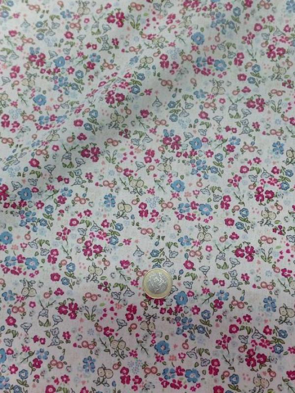 Coton popeline blanche imprime liberty fleurs ton bleu bordeaux et vert