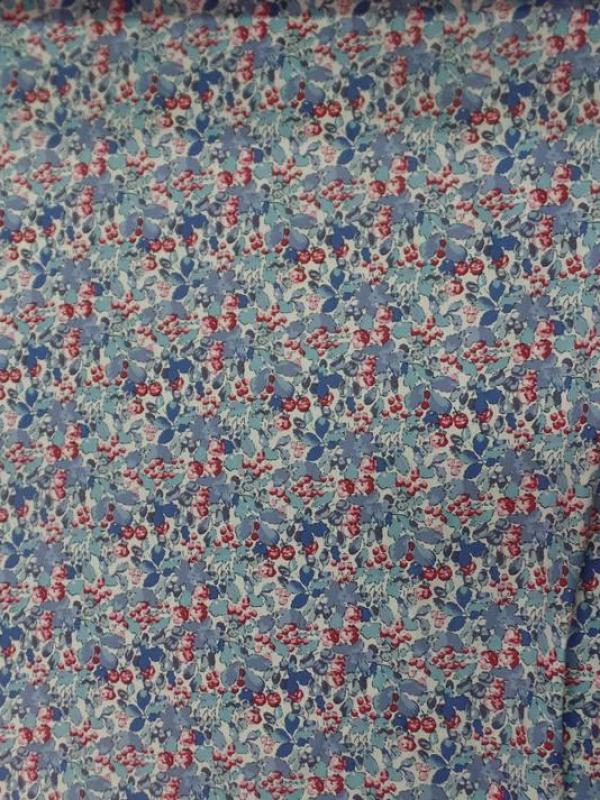 Coton popeline blanche imprime liberty fleurs ton bleu et rouge