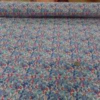 Coton popeline blanche imprimé liberty fleurs ton bleu et rouge