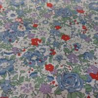 Coton popeline blanche imprime liberty fleurs ton bleu gris et rouge