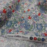 Coton popeline blanche imprimé liberty fleurs ton bleu gris et rouge