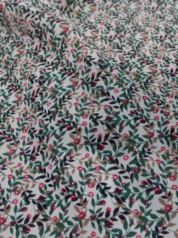 Coton popeline blanche imprime liberty fleurs vert noir et rouge