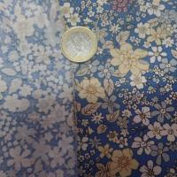 Coton popeline bleu imprimé liberty fleurs ton jaune,blanc et gris