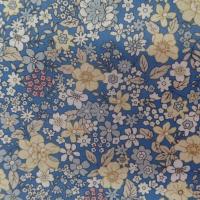 tissu Coton popeline bleu imprimé liberty fleurs ton jaune,blanc et gris
