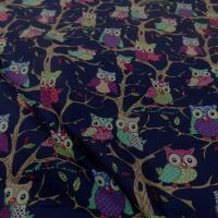 Coton popeline bleu nuit imprime hiboux anis vert bordeaux