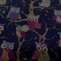 coton popeline bleu nuit imprimé hiboux anis ,vert ,bordeaux pas cher