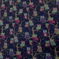 coton popeline bleu nuit imprimé enfant hiboux anis ,vert ,bordeaux
