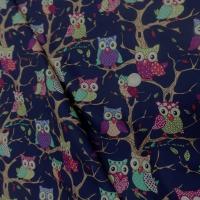 vente de coton popeline bleu nuit imprimé hiboux anis ,vert ,bordeaux
