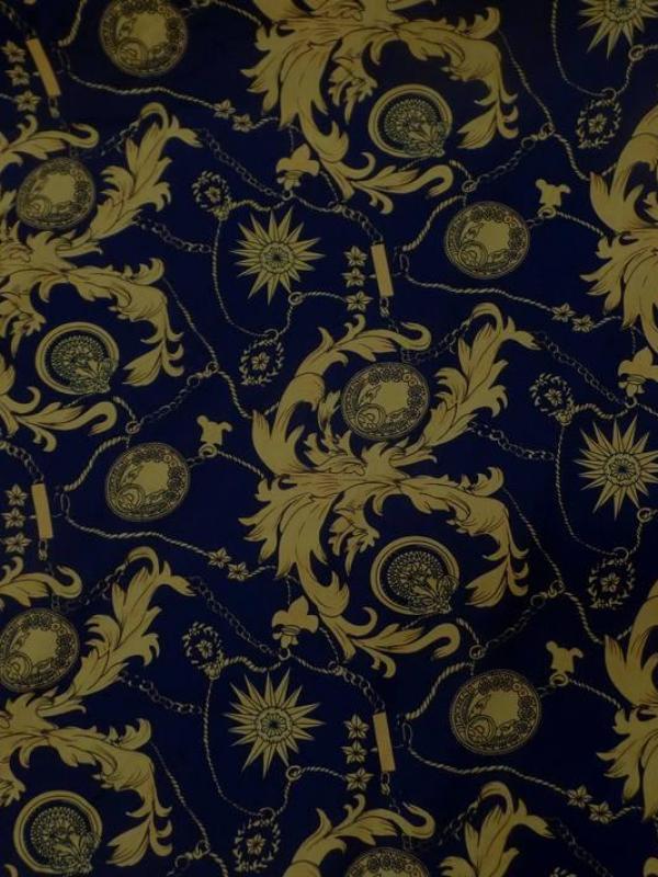 Coton popeline bleu nuit imprime liberty motifs jaune dore