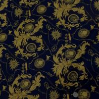 Coton popeline bleu nuit imprimé liberty motifs jaune doré
