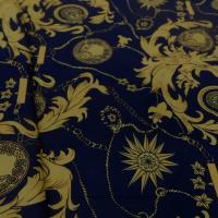 Coton popeline bleu nuit imprimé liberty motifs jaune doré