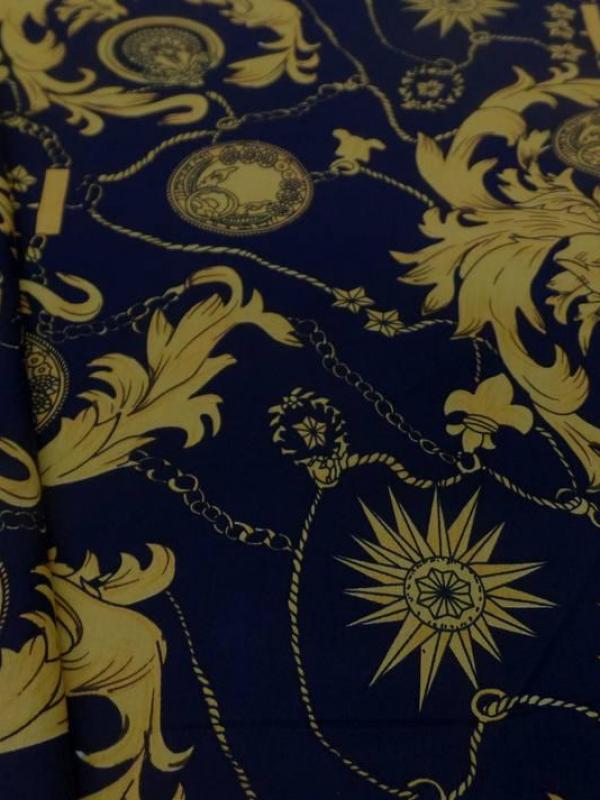Coton popeline bleu nuit imprime liberty motifs jaune dore