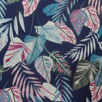 tissu coton 100% popeline bleu nuit imprimé motifs feuilles