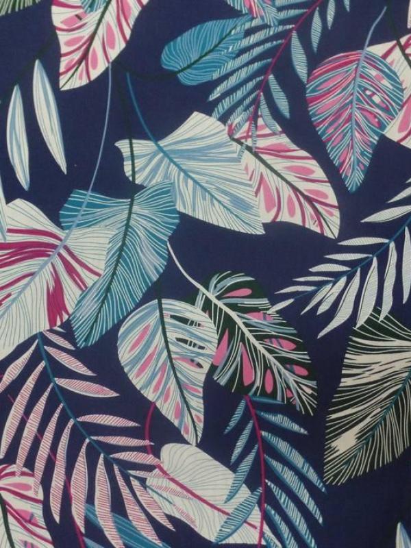 Coton popeline bleu nuit imprime motifs feuilles