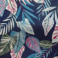 Coton popeline bleu nuit imprimé motifs feuilles