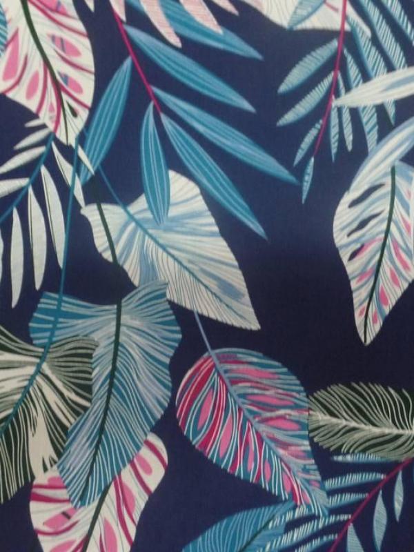 Coton popeline bleu nuit imprime motifs feuilles