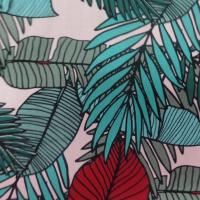Coton popeline rose clair imprimé feuillages ton bleu et bordeaux