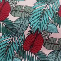 Coton popeline rose clair imprimé feuillages ton bleu et bordeaux