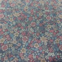 Coton popeline gris imprime liberty motifs fleurs saumon et beige