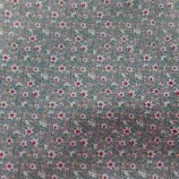 Coton popeline grise imprimé liberty fleurs ton blanc et rouge