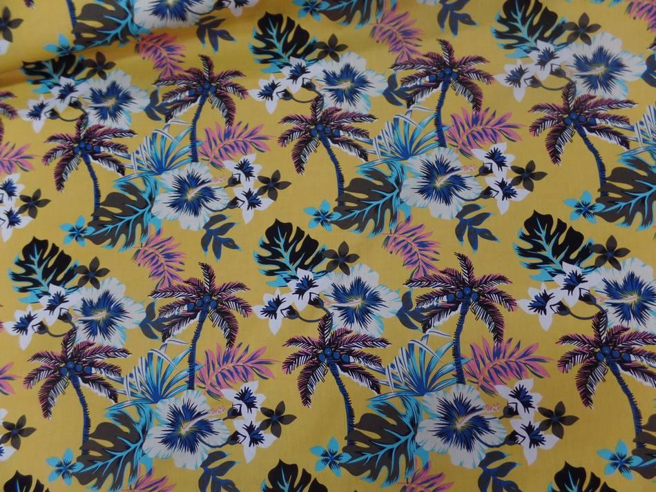 Coton popeline jaune safran imprime hawaien ton blanc bleu noir marron