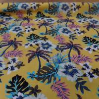 tissu coton popeline jaune safran imprime hawaïen ton blanc bleu noir marron