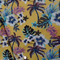Coton popeline jaune safran imprime hawaïen ton blanc bleu noir marron