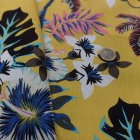 Coton popeline jaune safran imprime Hawaiian ton blanc bleu noir marron
