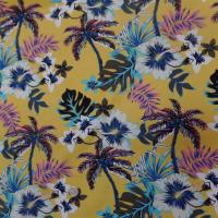 Coton popeline jaune safran imprime hawaien ton blanc bleu noir marron