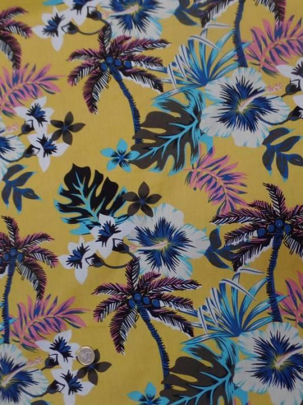 Coton popeline jaune safran imprime hawaien ton blanc bleu noir marron