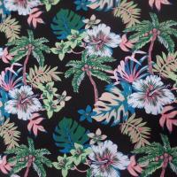 Coton popeline noire imprime hawaien ton vert blanc bleu