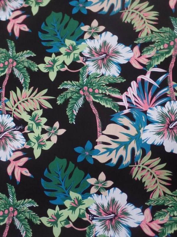 Coton popeline noire imprime hawaien ton vert blanc bleu